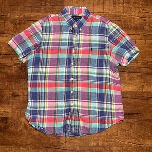 Ralph Lauren Shirt Womens L Classic Fit Plaid Button Down 100% Linen Preppy